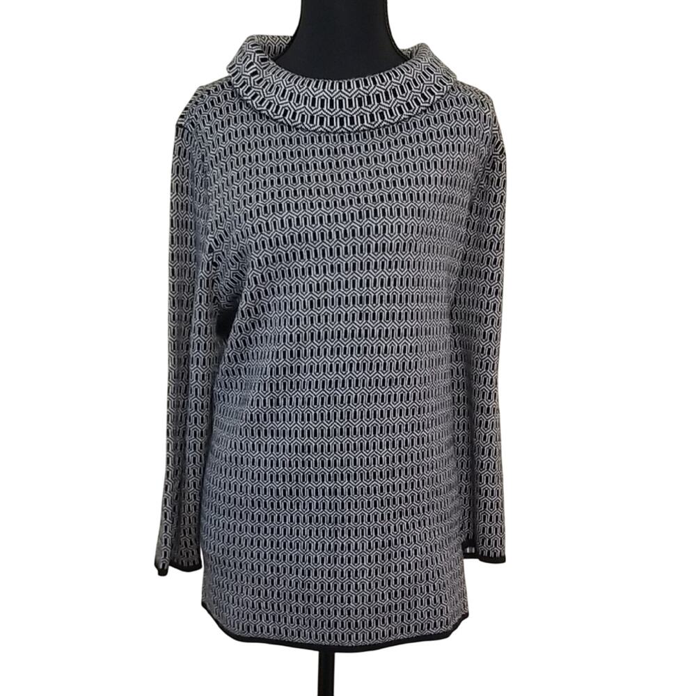 Talbots Women's Pure Merino Wool Cowl Neck Black & White Elegant Sweater Size XL